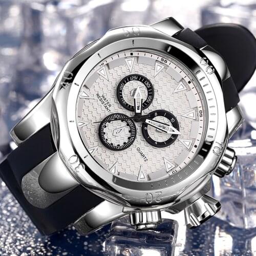 Mens Watches Stainless Steel Multifunctional Chronograph Quartz Watch Silver Silicone strap Luxury AAA Clock Relógio masculino