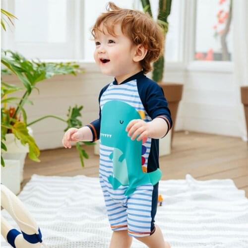 Kids UV Protection UPF50+ Dinosaur Shark Cartoon Printing One Piece Baby Boy Girl Swimmwear With Back Zipper for 3-10 years