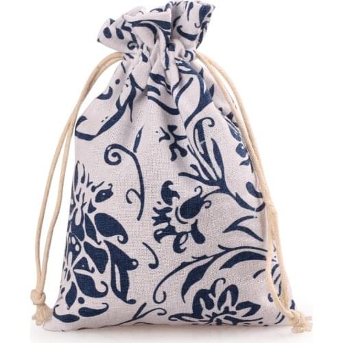 Cotton White Floral Prints Bag Sack Linen Package Birthdag Christmas Party Gift Bag 1Pc 10*14 13*18 17*23CM