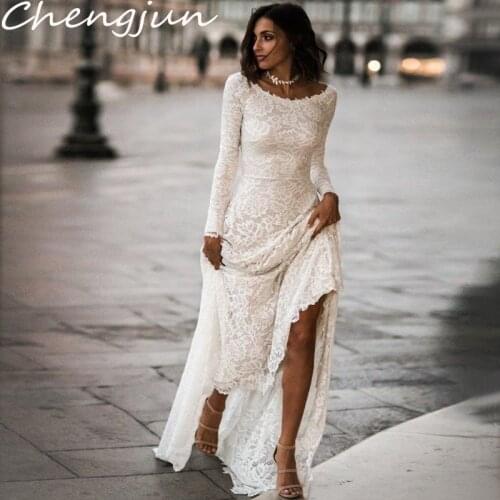 Chengjun Indian Modern Backless Full Sleeve Fitting Sheath Beach Lace Wedding Dress