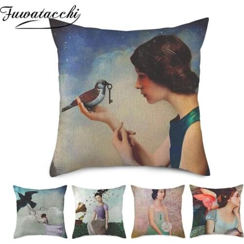 Fuwatacchi Linen Portrait Printed Cushion Covers Beautiful Women Pillow Cover for Home Chair Sofa Decorative Pillowcases 45x45cm