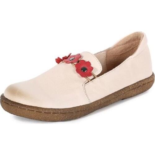 Women Loafers Genuine Leather Black Flats womans Outdoor Walking Shoes Slip On Round Toe applique flower rivet shoes for women