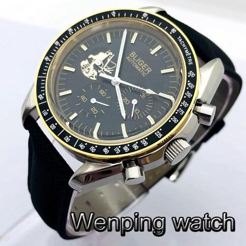 Bliger 40mm mens top luxury automatic mechanical watch silver case black dial date luminous waterproof mens watch gift