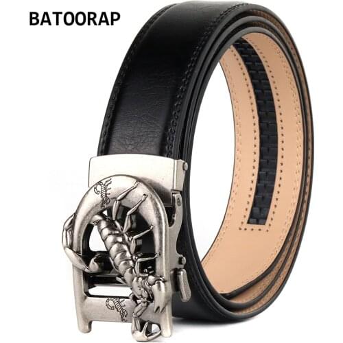 BATOORAP Mens Belts Luxury Jeans Trouser Strap Gray Scorpion Print Buckle Alloy Male Genuine Leather Belt Ratchet Black BA-D568
