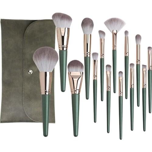 14pcs Makeup Brushes Set with bag Green Large Loose Powder High Gloss Eyeshadow Foundation Contour Synthetic Hair Cosmetic Tools