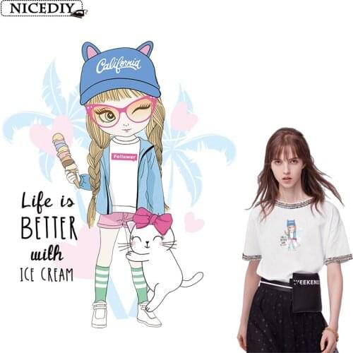 Nicediy Cartoon Girl Patches For Clothes Fashion Lady Iron On Heat Transfer Vinyl Stickers Patches Better Life Applique Cute Cat