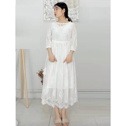 New white womens lace embroidered mesh medium length dress yaocao