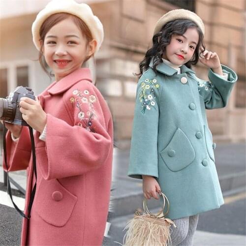 Autumn Childrens Clothing Coat Girls Winter Woollen Jackets Kids Warm Outerwear Fashion Toddler Baby Girls Embroidery Jackets
