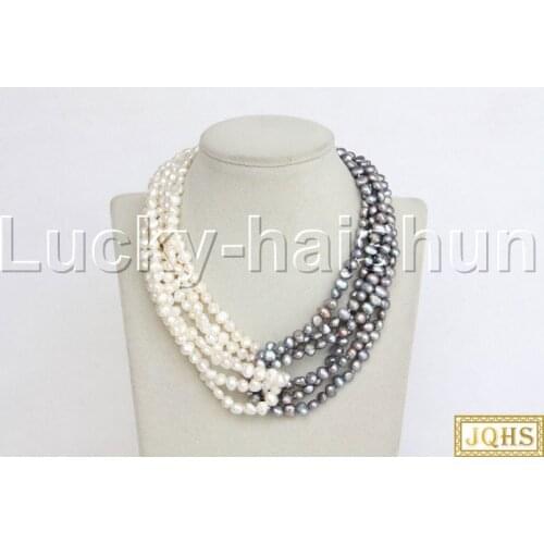 JQHS 17" 8mm 6Strand Baroque Freeform potato white gray freshwater pearls Beaded Strand necklace pearl clasp j11831
