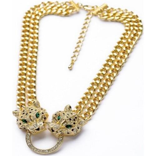 Punk Two Leopard Head Crystal Necklace Double Row Gold Color Link Chain Fashion Hiphop Women Jewelry