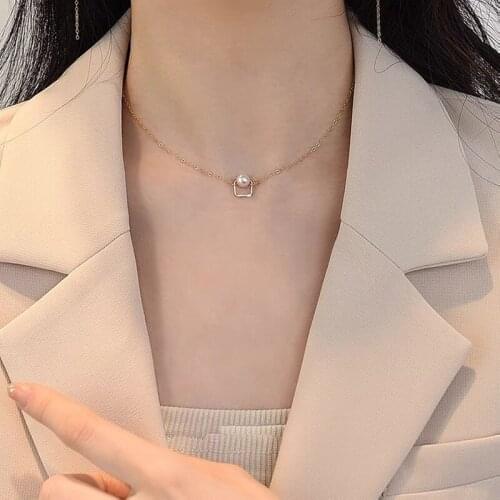 925 Sterling Silver Irregular Hollow Square pearl Pendant Double Necklace Female Fashion Simple Clavicle Chain Light Luxury