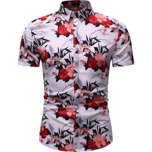 Pink Floral Print Casual Shirt Men 2020 Summer Short Sleeve Slim Fit Mens Dress Shirts Party Holiday Shirt Male Chemise Homme