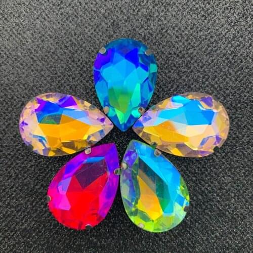 Mix color sew on rhinestone 5pcs silver base with claw crystal strass glass rhinestone waterdrop shape for DIY bags shoes