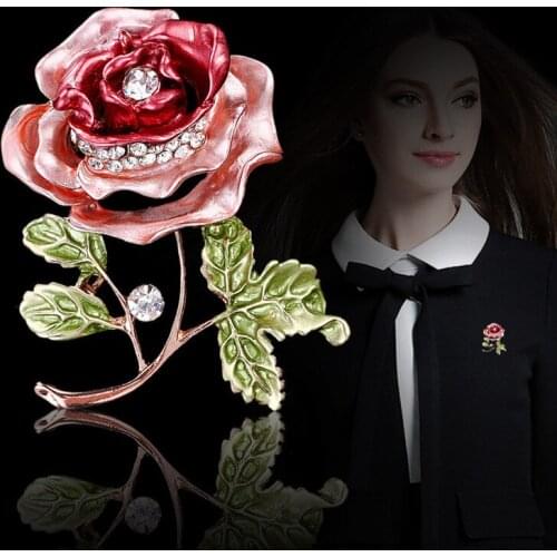 RONGQING 1Pcs/lot Fashion Rhinestone Rose Flower Enamel Brooches Pins for Women Sisters Birthday Gift Idea