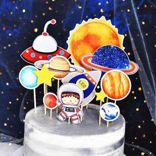 1set Outer Space Dinosaur Animal Cake Topper Galaxy/solar System Jungle Theme Party Cupcake Top For Kids Birthday Baking Suppy