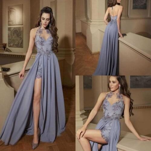 2020 Evening Dresses Sexy High Side Split Lace Appliques Special Occasion Gowns Custom Made Backless Floor Length Prom Dress