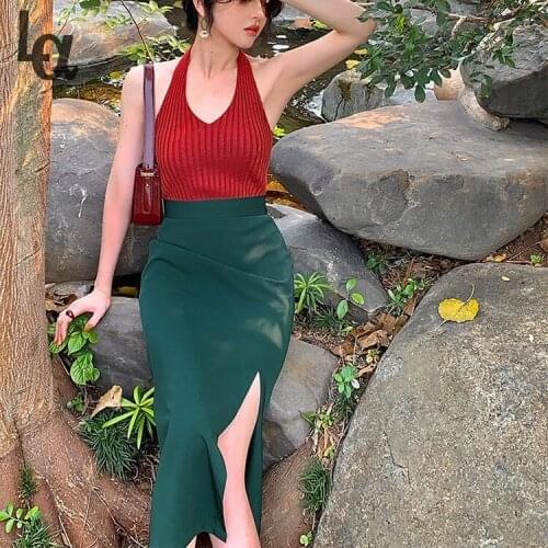 Luck A Women 2021 Summer Vintage High Waist Midi Skirts +Female Casual Slim Sexy Knitted Tank Sets Ladies Elegant Skirt Suits