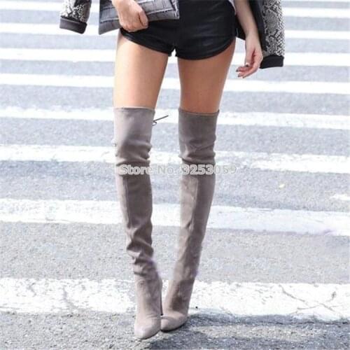 ALMUDENA Women Popular Long Gladiator Boots Flock Suede Boots Chunky High Heel Gray Beige Black Nightclub Dress Boots Dropship