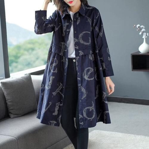 2020 Middle Age Women Spring Autumn Long Trench 2020 New Korean Long Ladies Fashion Causal Windbreaker Female Printed Coat W91