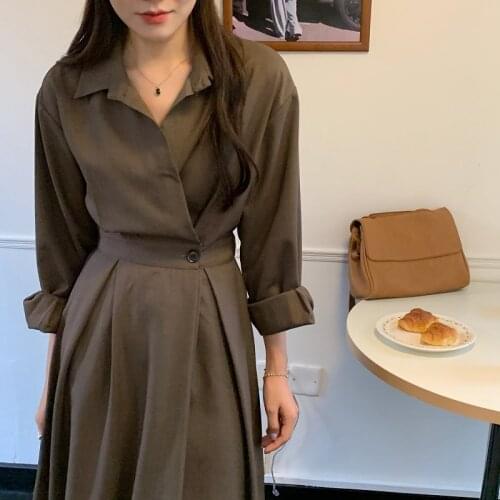 2021 Autumn Long Shirt Dress Women Elastic Waist Full Sleeve A-line Midi Dresses Ankle Length