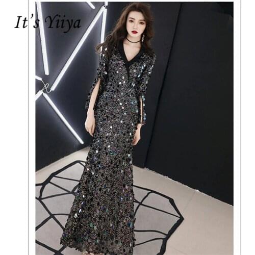 Its Yiiya Evening Dress Elegant V-Neck Three Quarter Women Party Night Dresses Blue Sequins Floor Length Robe De Soiree E793