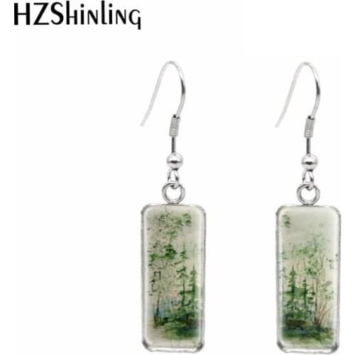 2020 Stainless Steel flower and tree Paiting Glass Cabochon Rectangle Earrings Dangle Style Summer Ear Jewelry