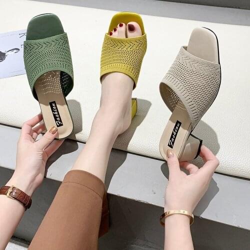 2020 Summer Sandals Women Shoes Women Mules Slides Peep Toe Square High Heels Sandals Female Shoe Casual Square Heel size 35-40