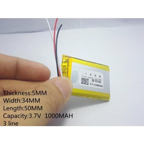 3 line 3.7V,1000mAH,[503450] PLIB; polymer lithium ion / Li-ion battery for GPS,mp3,mp4,mp5,dvd,bluetooth,model toy