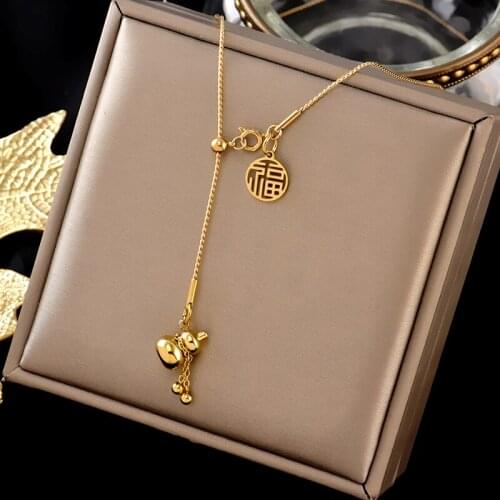 Titanium steel colorless Chinese style haicai gourd necklace INS light luxury high sense original design hei fu collarbone chain