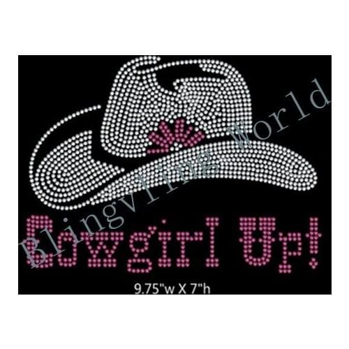 Free shipping cowgirl up with cap Hotfix Rhiestone Transfer design image fo shirt