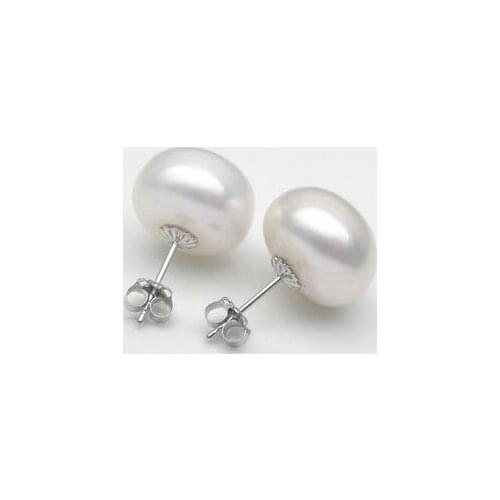 Free shipping>>>>noble jewelry Elegant 13-14MM White Genuine Freshwater Pearl Stud Earrings 14K White Gold