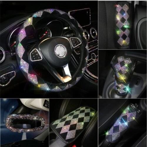 Blingbling colorful rhinestones car interior accessories crystal women armest box cushion handbrake car steering wheel cover