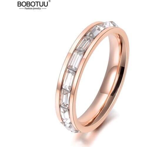 BOBOTUU Stainless Steel Jewelry AAA CZ Crystal Surround 4mm Width Rose Gold Color Ring Size 6 7 8 9 For Women Gift BR18135