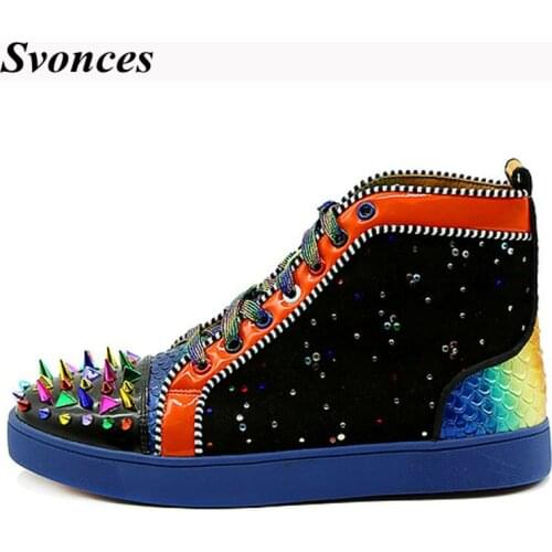 Calzado Hombre Handmade High Quality Men Casual Shoes Multicolor Studs Rivet Sneakers Patchwork Rubber Platform Shoes Flats Mens