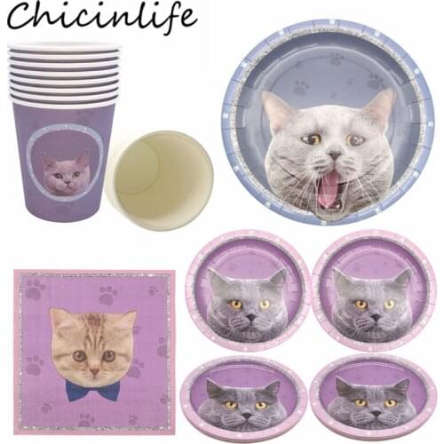Chicinlife Cat Disposable Tableware Paper Plates Cups Napkins Birthday Party Decor Baby Shower Cats Birthday Pet Party Supplies