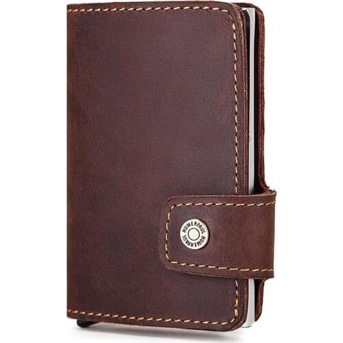 RFID Blocking Genuine Leather Credit Card Holder Coin Purse Auto Aluminium Box for ID Card Business Card Male Small Case Wallet