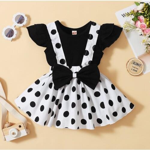 Baby Girls Ruffles Sleeveless T-shirt + Girl Bowknot Dot Red Suspender Skirt Baby Outfit Summer Clothing Toddler 2PCS set