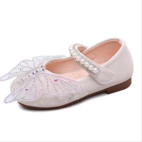 Classic Toddlers Baby Girls Shoes Kids Leather Shoes For Wedding Party Performance Pink Butterfly Rhinestone Bling Pearls Beadi