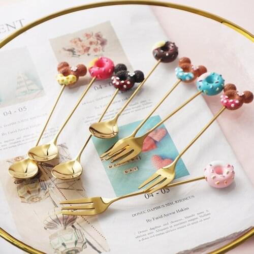 Creative Fruit Fork Donut Coffee Scoop Stainless Steel Cartoon Mouse Dessert Fork Christmas Gift Spoon Children Tableware 4pcs