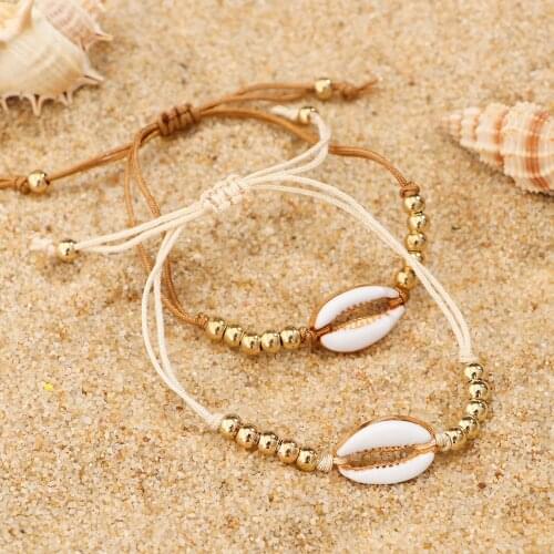 Fashion Shell Bead Bracelets Boho Vintage Gold Color Seashell Adjustable Weave Rope Bangles Women Charm Jewelry Gift