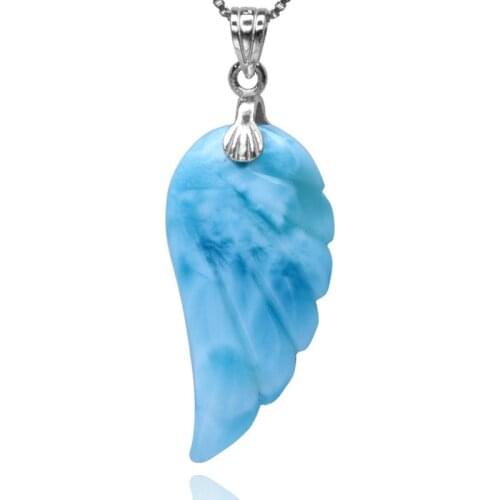 Natural Blue Larimar Angel Wings Shape 925 Silver Pendant Necklace цепочка For Women Man Fashion Simple Gemstone FineJewelry