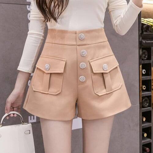 New Autumn Women High Waist Button Wigh Leg Blazer Shorts OL Work Wear Female Loose Fit Double Pockets Shorts