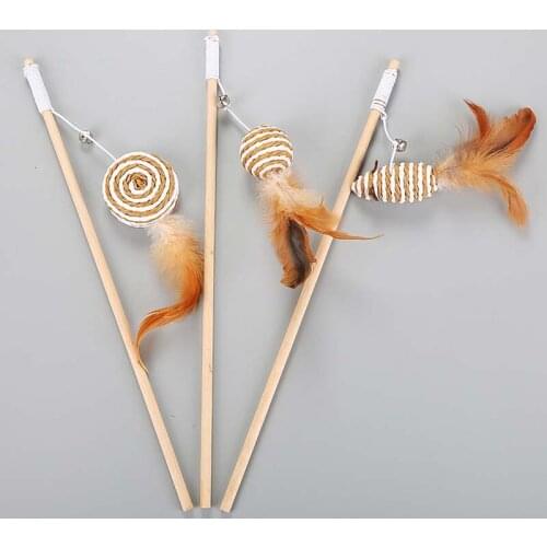 Pet Feathers Funny Cat Stick Wood Rod Funny Cat Pole Interactive Toy Workout Tool Pet Products Sisal Rope Toy Kitten