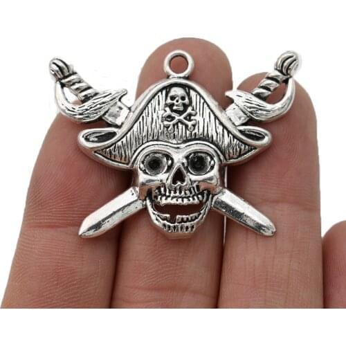 5pcs Antique Silver Pirate Skull Charm Pendants for Jewelry Making Necklace DIY Accessories 35x44mm