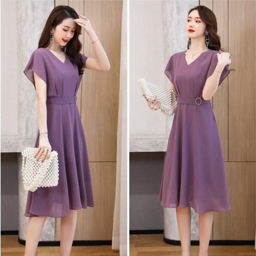 French chiffon V-neck mid-length dress women 2020 summer womens new large size womens body slimming dress female z