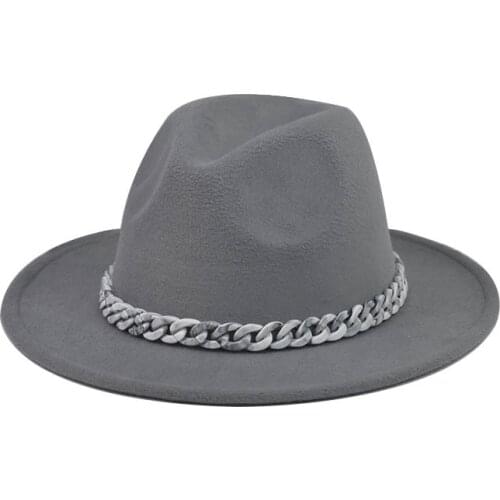 Fedora hat flat brim thick top hat ladies jazz gray chain top hat wild British style felt hat autumn and winter mens wholesale