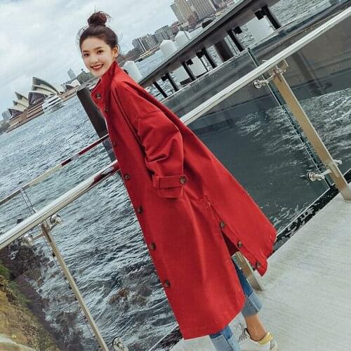 Womens Casual Trench Coat 2019 Spring Autumn New Good Quality Oversize Long Outerwear Student Chic Loose Windbreaker Red WQ01