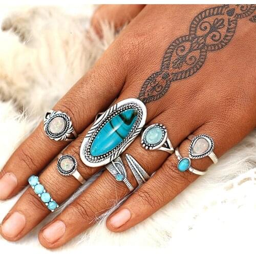 Vintage Geometric Stone Opal Rings Set For Women Bohemian Antique Silver Color Knuckle Shield Rings Fashionable Party Jewelry