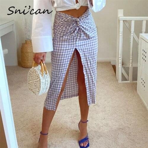 Za Women Plaid Split Skirt High Waist Knots Asymmetrical Female Jupe Longue Femme Fashion Summer Office Ladies Faldas Largas New