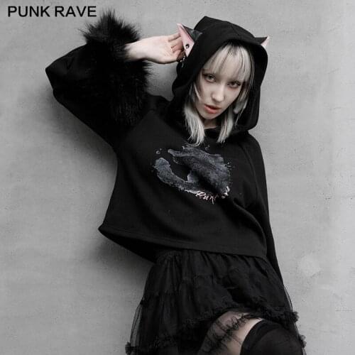 PUNK RAVE Womens Gothc Daily Black Cat Print Loose Plush Velvet Hoodie Cute Cat Ears Flare Sleeves Casual Hooded Sweater Coat